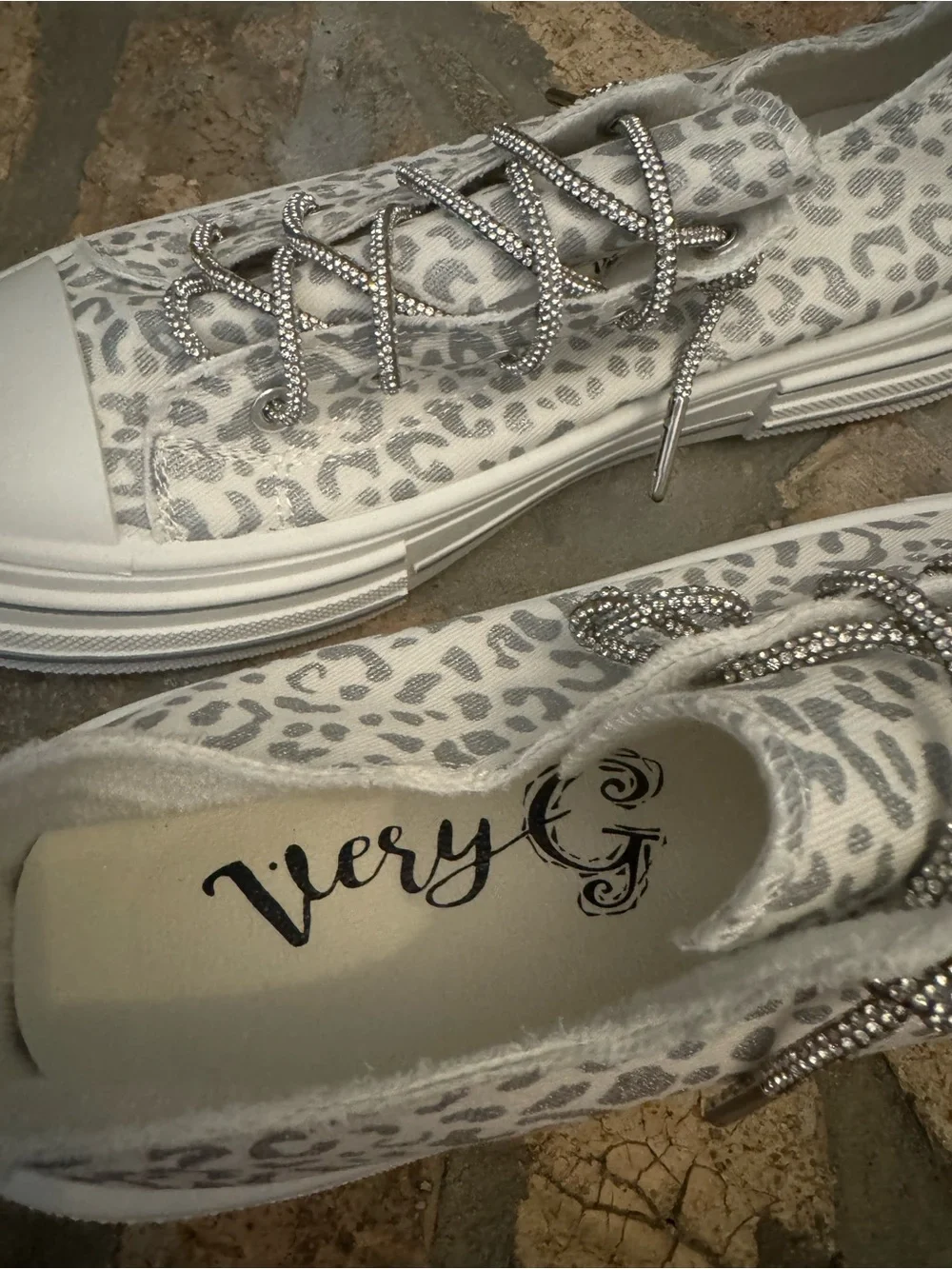 Very G  Leopard Print Canvas Slip-On Sneakers - White/Grey Sparkly  Size 11